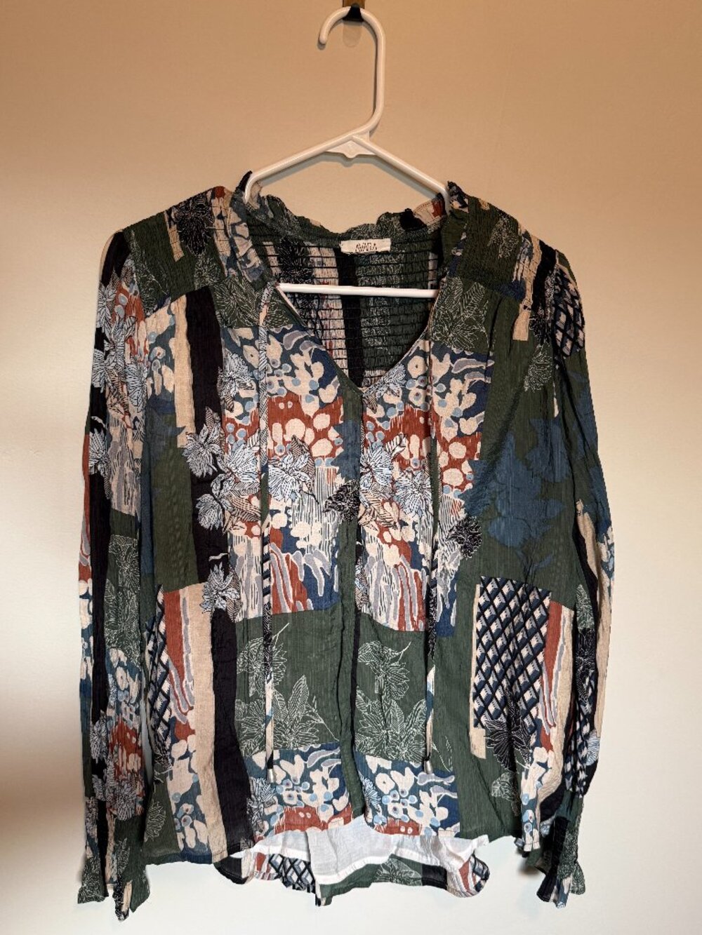 Avara Blouse Womens Medium Boho Patchwork Floral Smocked Neck Long Sleeve